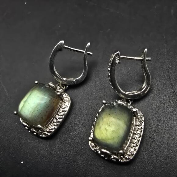 Karis Labradorite Earrings Silver Tone Dangle Drop Rectangle - Picture 1 of 9